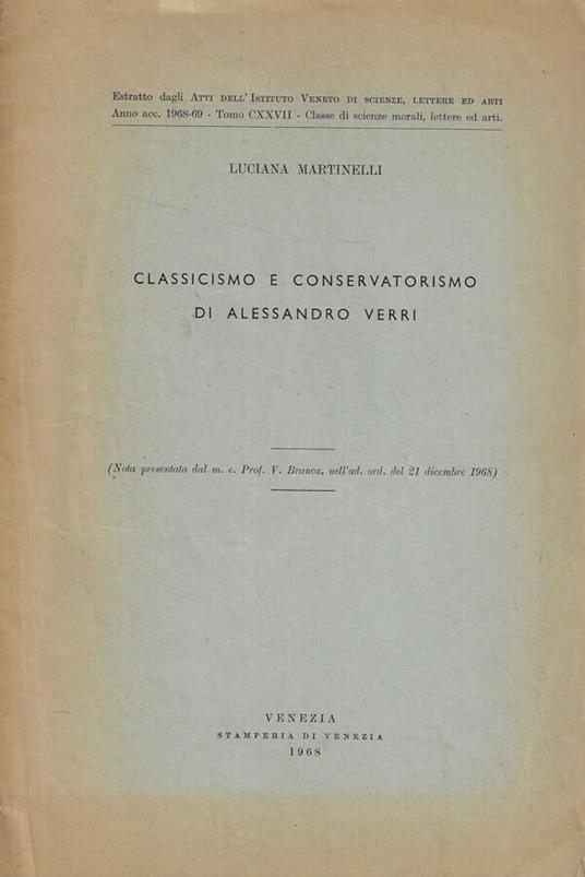 Classicismo e conservatorismo di Alessandro Verri - Luciana Martinelli - copertina