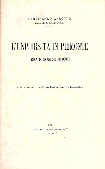 L' Università in Piemonte prima di Emanuele Filiberto - Ferdinando Gabotto - copertina