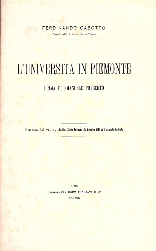L' Università in Piemonte prima di Emanuele Filiberto - Ferdinando Gabotto - copertina
