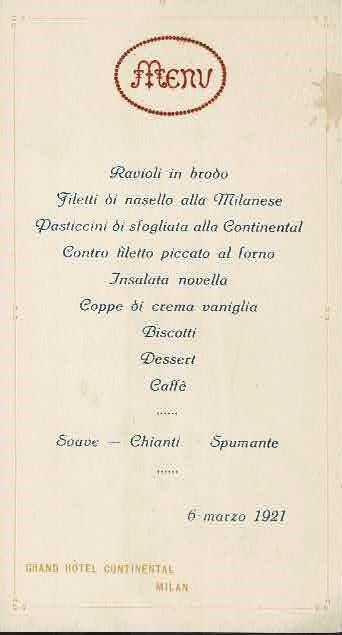 Menu 6 marzo 1921, Grand Hotel Continental Milan - copertina