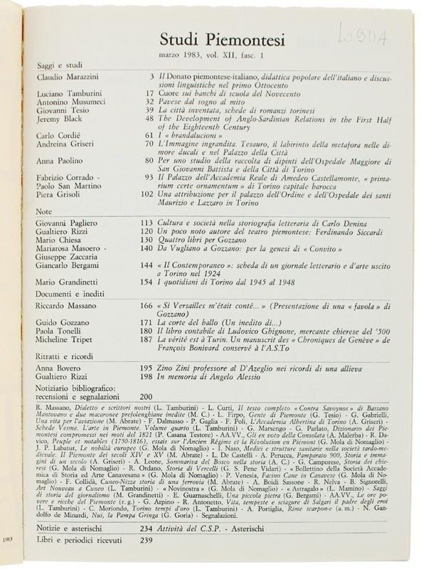 Studi Piemontesi. Vol.Xii - 1983, Fasc. 1. [Ottimo] - Autori Vari