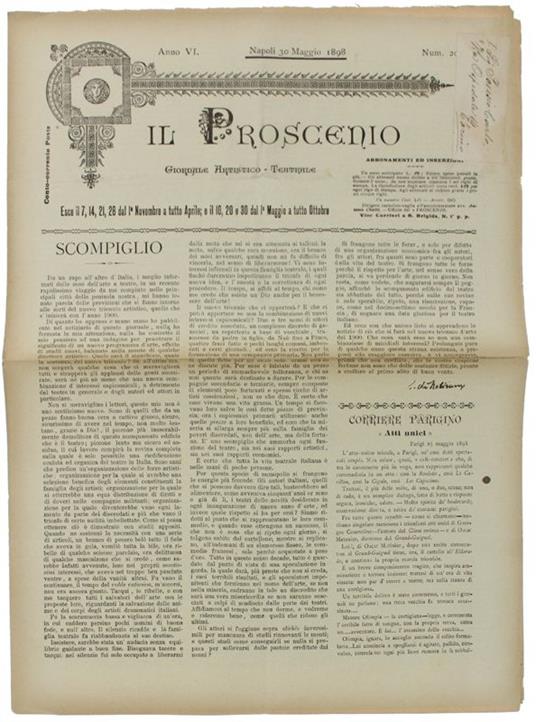 Il Proscenio. Giornale Artistico Teatrale. Anno 1898 (33 Numeri) - Di Martino Gaspare (Direttore) - 1898 - copertina