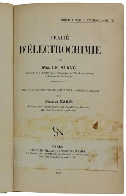 Traite D'Electrochimie. Traduit Par Charles Marie - copertina