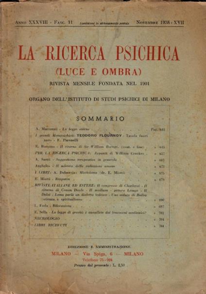 La rivista psichica LUCE E OMBRA, rivista mensile, novembre 1938 - copertina