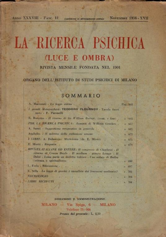 La rivista psichica LUCE E OMBRA, rivista mensile, novembre 1938 - copertina