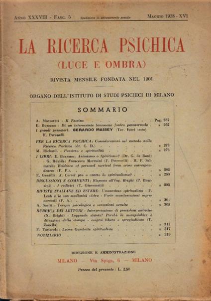 La rivista psichica LUCE E OMBRA, rivista mensile, maggio 1938 - copertina