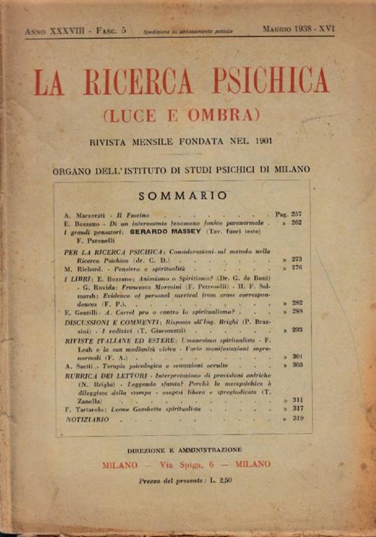 La rivista psichica LUCE E OMBRA, rivista mensile, maggio 1938 - copertina