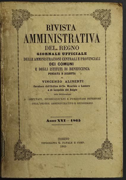 Rivista Amministrativa del Regno 1865 - copertina