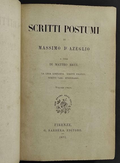Scritti Postumi - Massimo D'Azeglio - copertina