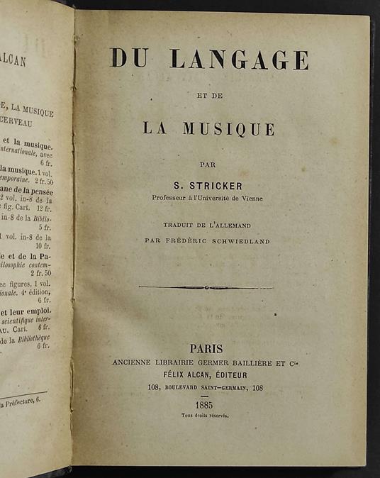 Du Langage et de La Musique - M. Stricker - copertina