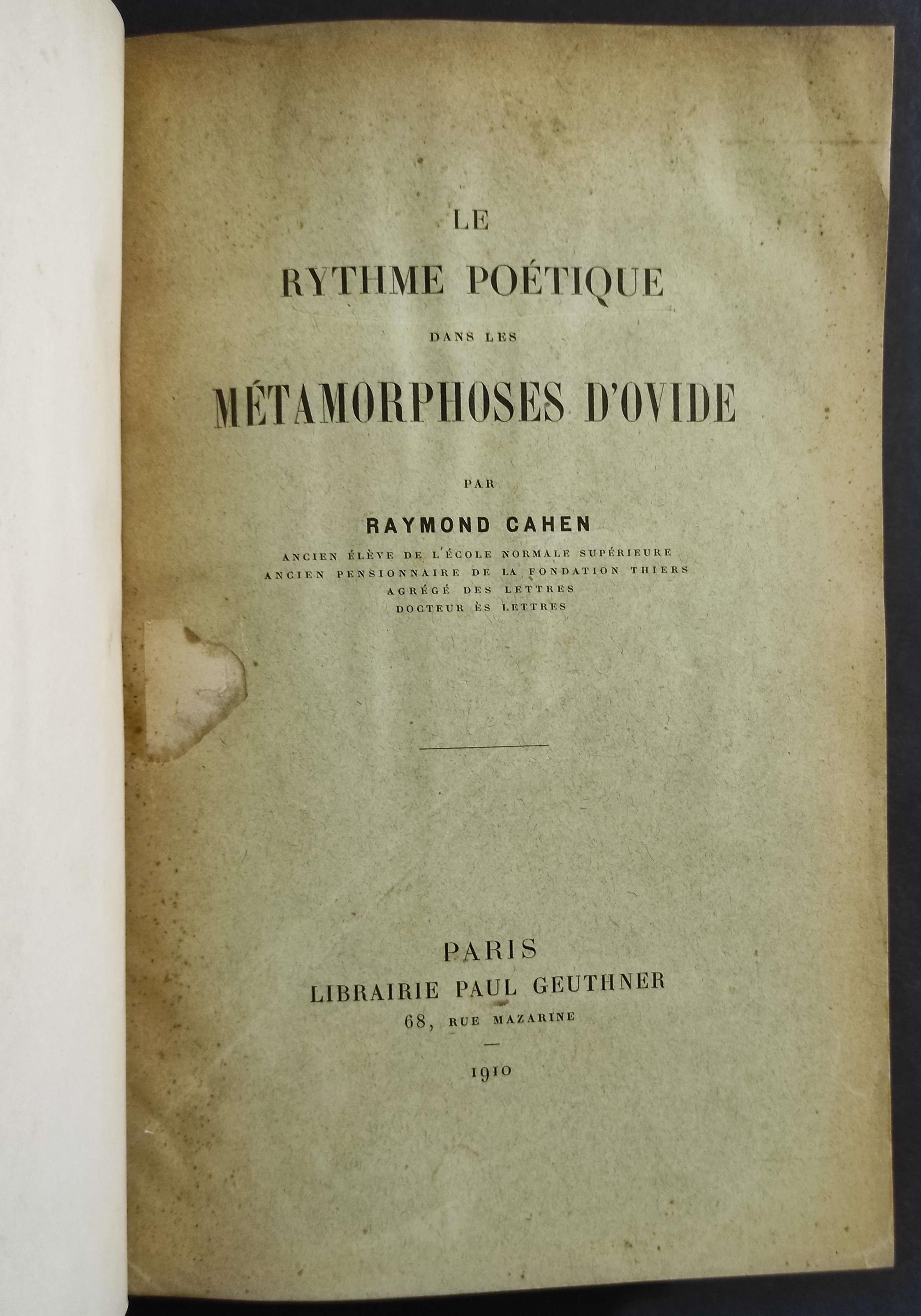 Le Rythme Poetique dans les Metamorphoses d'Ovide