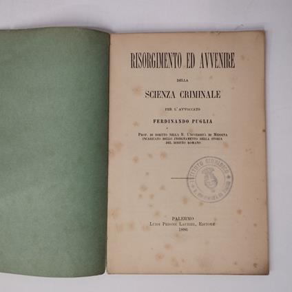 Risorgimento ed avvenire della scienza criminale - Ferdinando Puglia - copertina