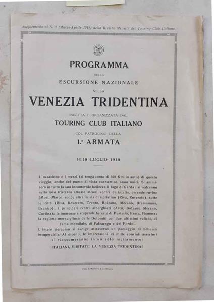 Programma della escursione nazionale nella Venezia Tridentina indetta e organizzata dal Touring Club Italiano col patrocinio della 1^ Armata. 14 - 19 luglio 1919 - copertina