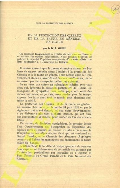 De la protection des oiseaux et de la faune en général en Italie - Alessandro Ghigi - copertina