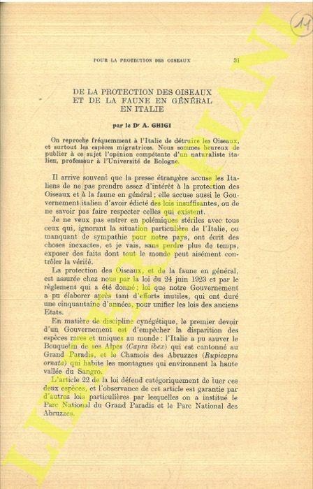 De la protection des oiseaux et de la faune en général en Italie - Alessandro Ghigi - copertina