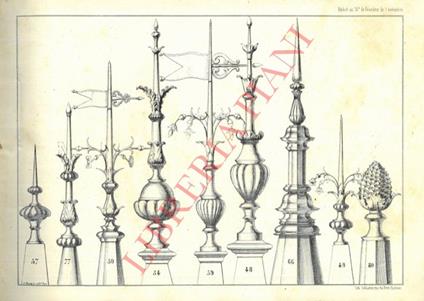 Parafulmini metallici ornamentali. Catalogo composto da 35 fogli in litografia illustrati da centinaia di figure riguardanti parafulmini e cornici e decorazioni (in gesso o altro materiale) - copertina