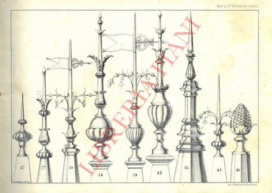 Parafulmini metallici ornamentali. Catalogo composto da 35 fogli in litografia illustrati da centinaia di figure riguardanti parafulmini e cornici e decorazioni (in gesso o altro materiale) - copertina