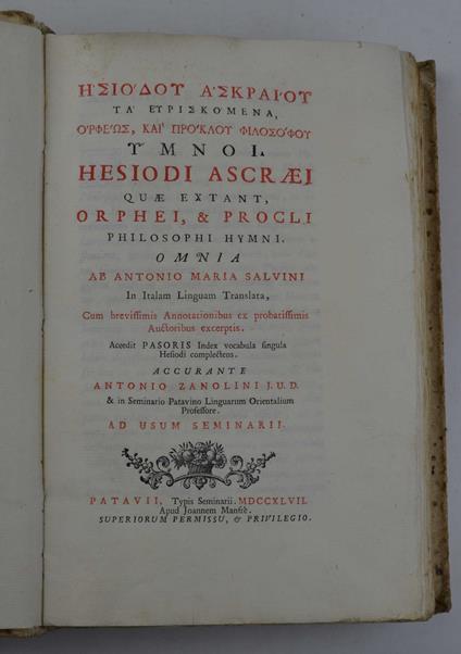Hesiodi Ascraei quae extant, Orphei, et Procli philosophi Hymni. Omnia ab Antonio Maria Salvini in italam linguam translata... Accurante Antonio Zanolini - Esiodo - copertina