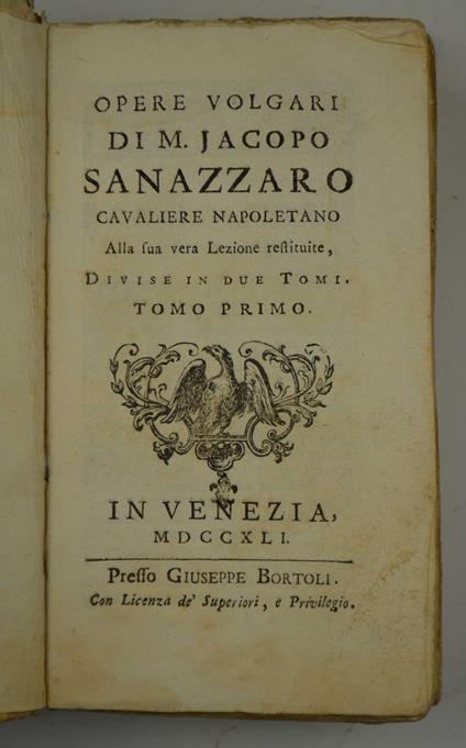 Opere volgari… alla sua vera lezione restituite - Jacopo Sannazzaro - copertina