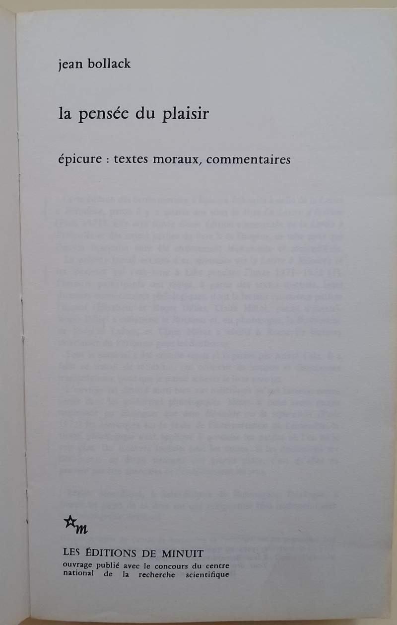 La Pensee Du Plasir-Epicure:Textes Moraux, Commentaires(1975)
