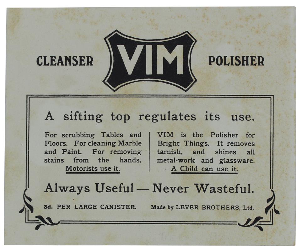 Vim. A Child Can Use It. Cromolitografia Originale Del 1912 A Colori Su Carta Firmata Will Owen, Cm 14,5X12