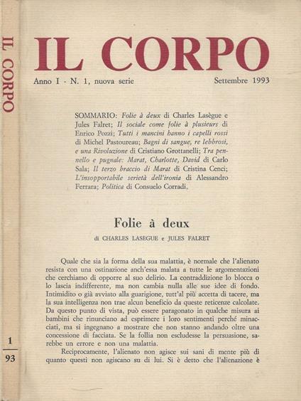 Il Corpo. Rivista trimestrale - Anno 1 - N. 1 - Nuova Serie - Settembre 1993 - copertina