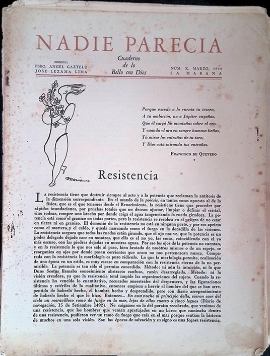 Nadie Parecia. Cuaderno de lo Bello con Dios. N. X marzo 1944 - José Lezama Lima - copertina