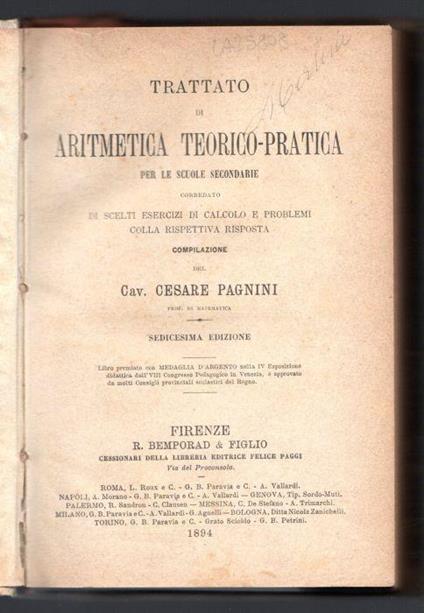 Trattato di Aritmetica teorico-pratica per le scuole secondarie - Cesare Pagnini - copertina