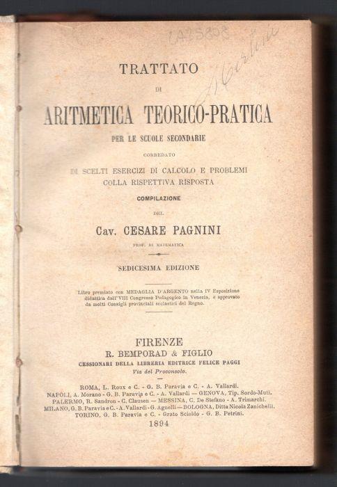 Trattato di Aritmetica teorico-pratica per le scuole secondarie - Cesare Pagnini - copertina