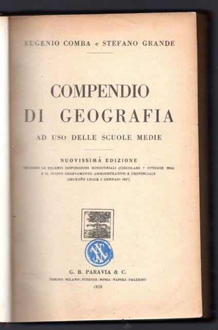 Compendio di geografia ad uso delle scuole medie - Eugenio Comba - copertina