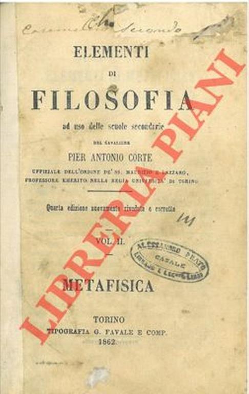 Elementi di filosofia ad uso delle scuole secondarie. Vol. II. Metafisica - Antonio Corte - copertina