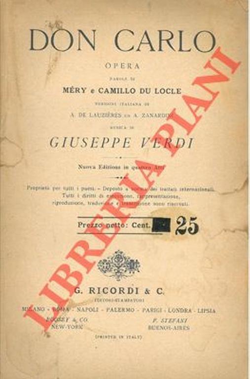 Don Carlo. Opera. Parole di Méry e Camillo Du Locle. Nuova edizione in quattro atti - Giuseppe Verdi - copertina