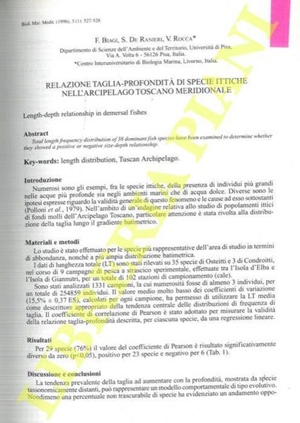 Relazione taglia-profondità di specie ittiche nell'Arcipelago Toscano meridionale - Francesco Biagi - copertina