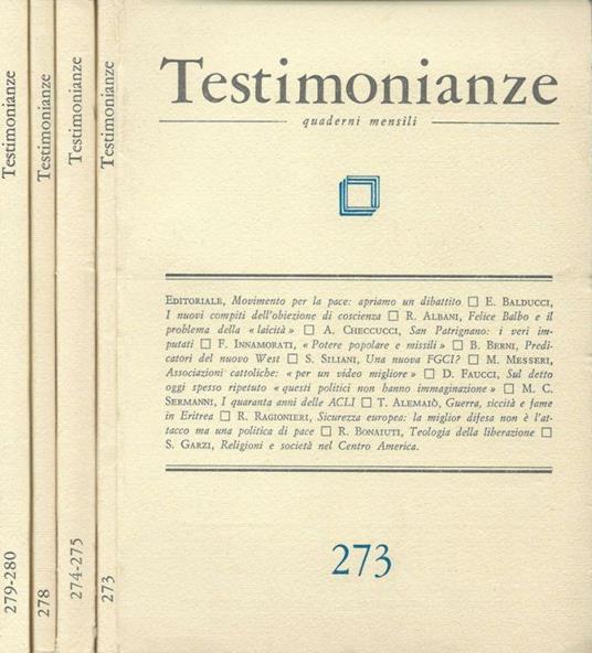 Testimonianze Anno XXVIII n.273,274-275, 278,279-280 - copertina