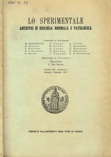 Lo Sperimentale. Archivio di biologia normale e patologica. Vol.121, fasc.I, 1971 - copertina