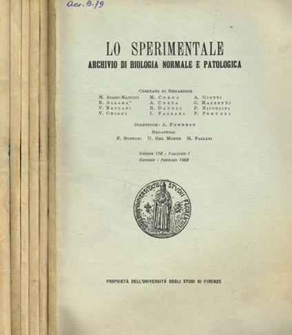 Lo Sperimentale. Archivio di biologia normale e patologica. Vol.118, 1968 - copertina