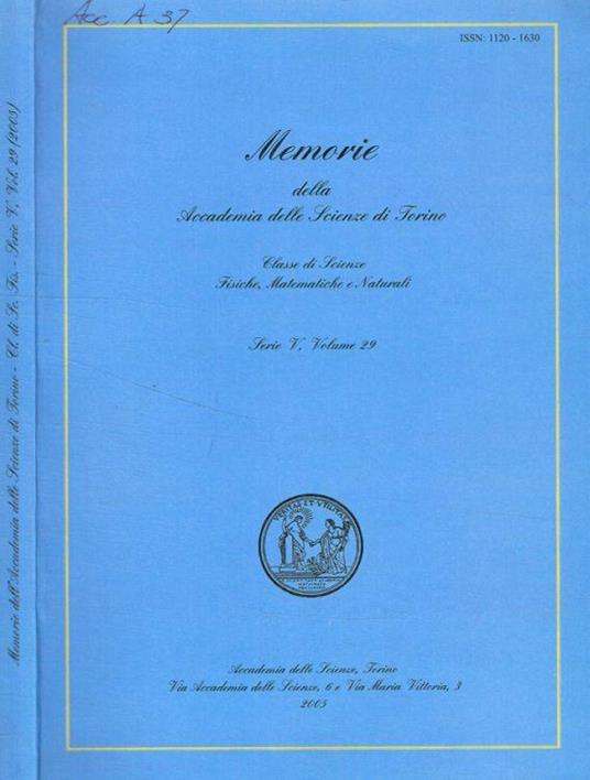 Memorie della Accademia delle Scienze di Torino. Classe di Scienze fisiche, Matematiche e Naturali. Serie V, volume 29 - Oscar Botto - copertina