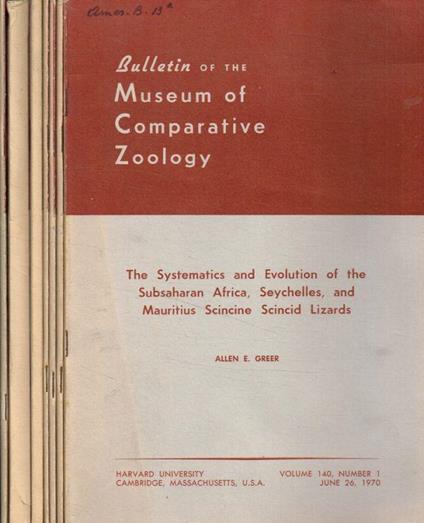 Bulletin of the Museum of Comparative Zoology. Vol.140, 1970, 7 fasc - copertina