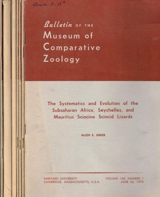Bulletin of the Museum of Comparative Zoology. Vol.140, 1970, 7 fasc - copertina