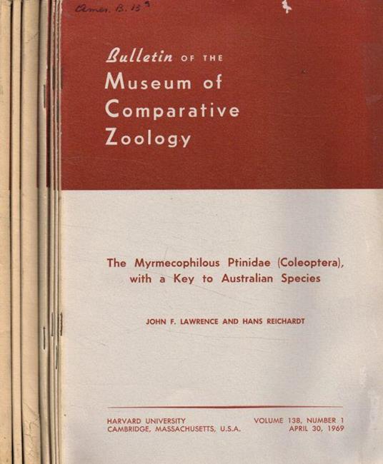 Bulletin of the Museum of Comparative Zoology. Vol.138, 1969, 7 fasc - copertina