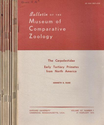 Bulletin of the Museum of Comparative Zoology. Vol.147, 1975-1977, 12 fasc - copertina