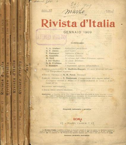 Rivista d'Italia. Lettere, scienza ed arti. Anno XII, 1909, fasc.I II IV V VI - copertina