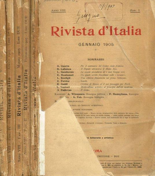 Rivista d'Italia. Lettere, scienza ed arti. Anno VIII, 1905, fasc.I II III IV V - copertina