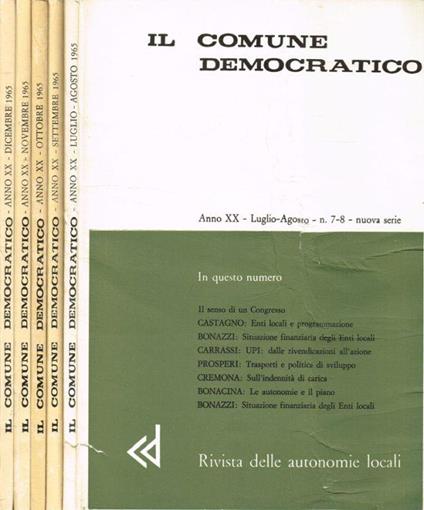 Il comune democratico. Rivista delle autonomie locali. Anno XX, 1965, n.7/8, 9, 10, 11, 12 - copertina