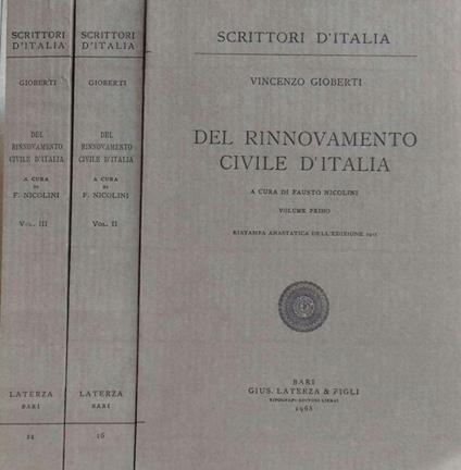Del Rinnovamento Civile D'italia (3 Volumi) - Vincenzo Gioberti - copertina
