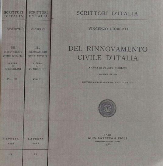 Del Rinnovamento Civile D'italia (3 Volumi) - Vincenzo Gioberti - copertina
