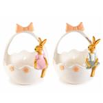 Cestini Pasquali in Ceramica a Forma di Uovo con Conigli Decorativi  Set 2 Pezzi
