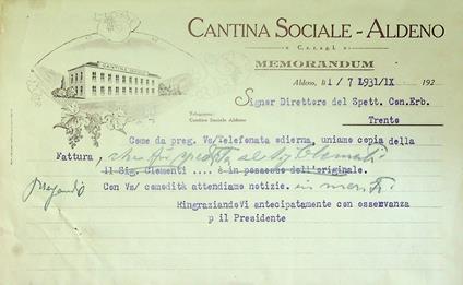 Cantina sociale - Aldeno: Memorandum - copertina