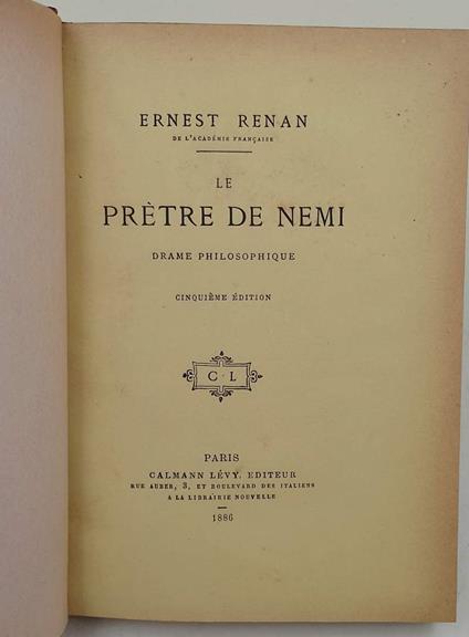Le Pretre De Nemi-Drame Philosophique - Ernest Renan - copertina
