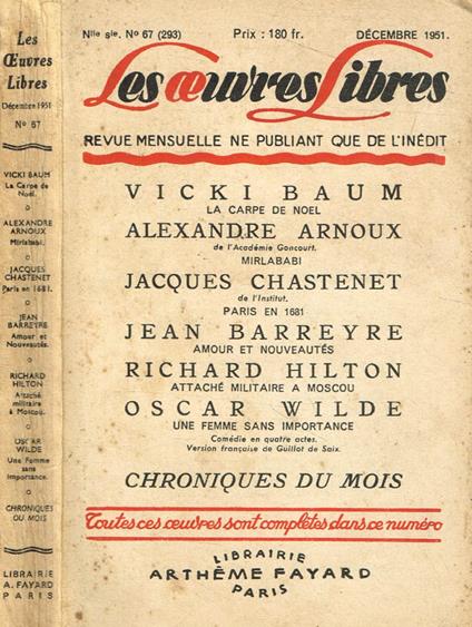 Les oeuvres libres. Revue mensuelle ne publiant que de l'inédit. N.67, décembre 1951 - copertina